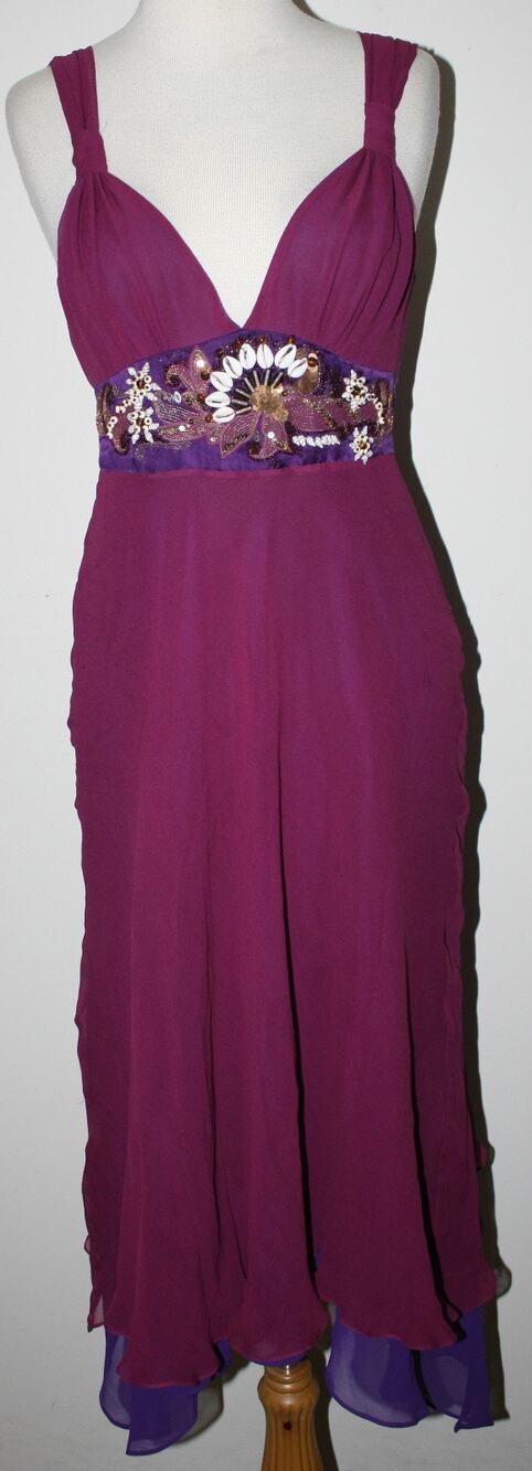 KAREN MILLEN Silk Dress 8 Silk Magenta Purple Tiered Beaded Shell Drip Sides
